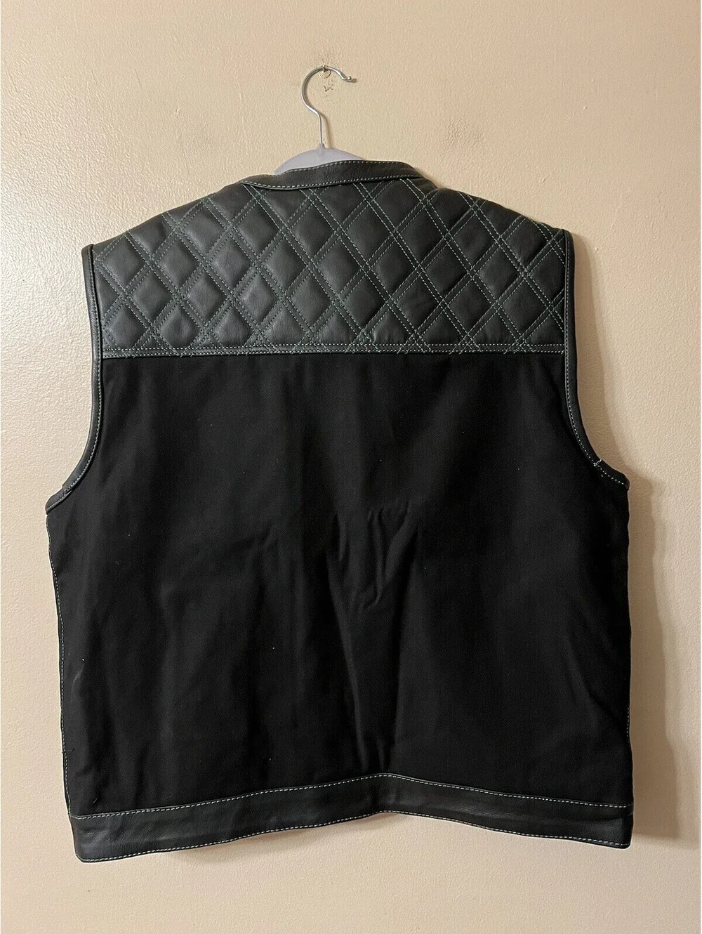 Dream Apparel Black Club Vest Diamond Design Green Thread Leather & Denim 50 XL